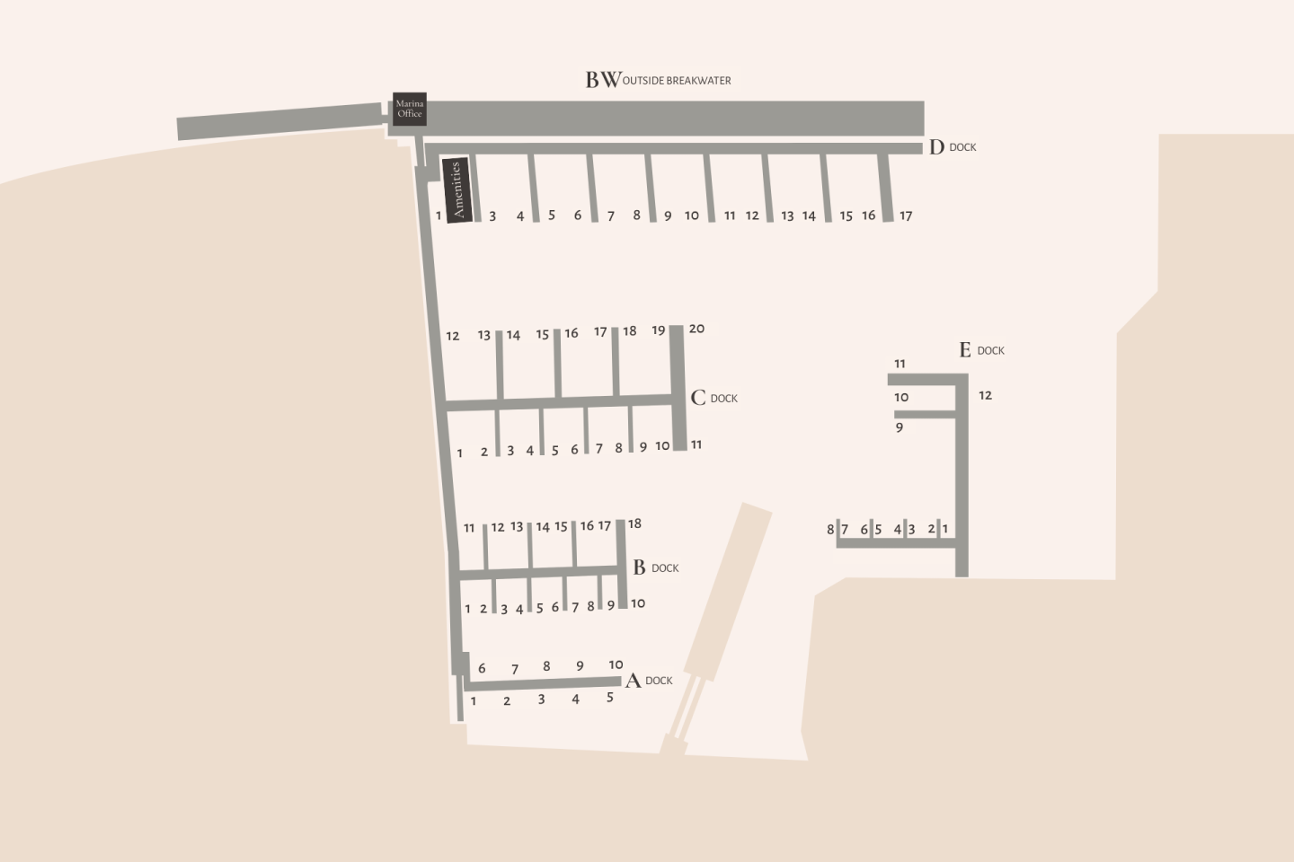 Map of slip layout at Fan Pier Marina